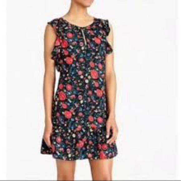 J. Crew Printed Flutter Dress Size 4 Black Red Floral - Picture 1 of 7